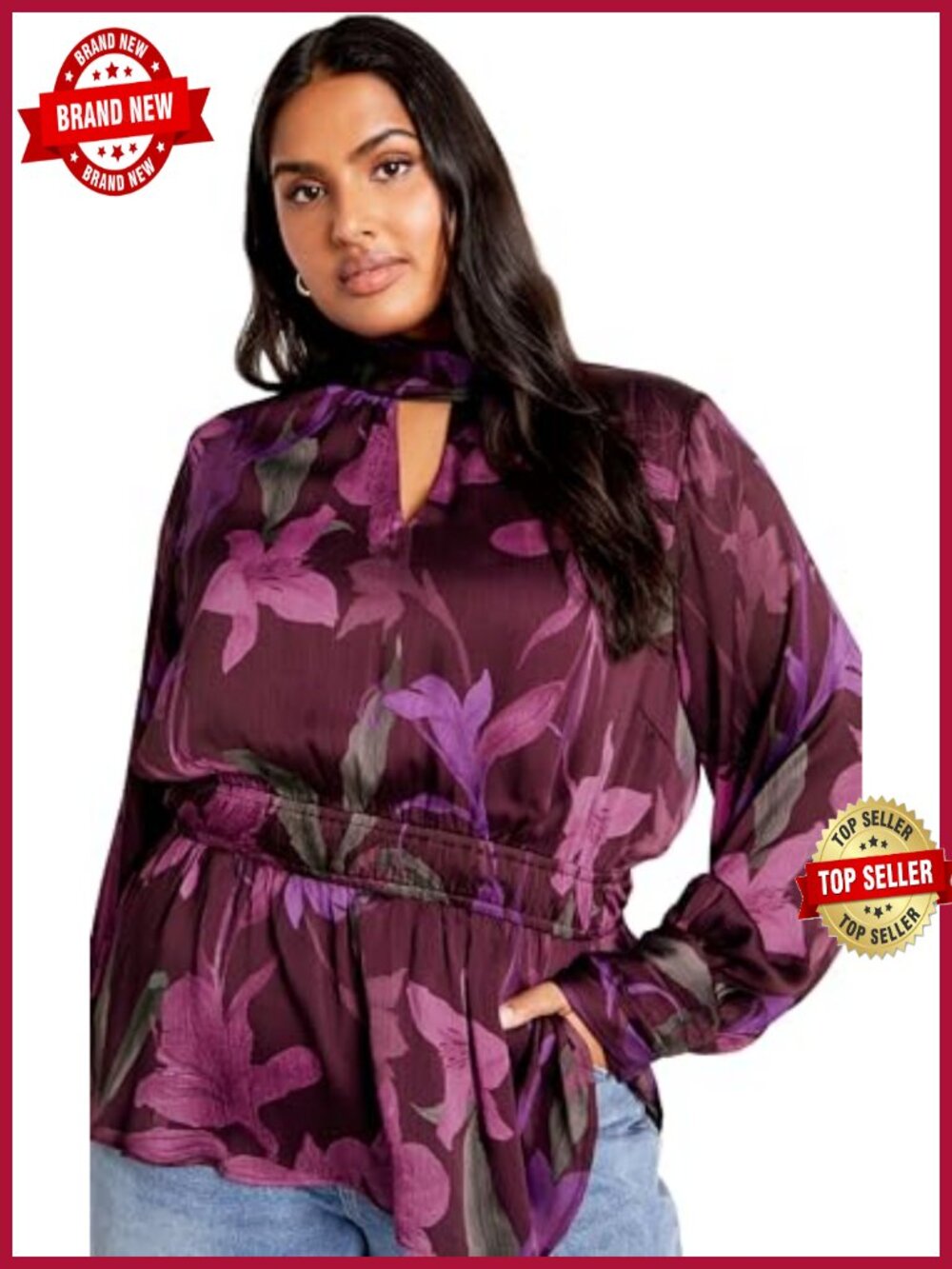 Plus Size Floral Peplum Top with Keyhole Neck